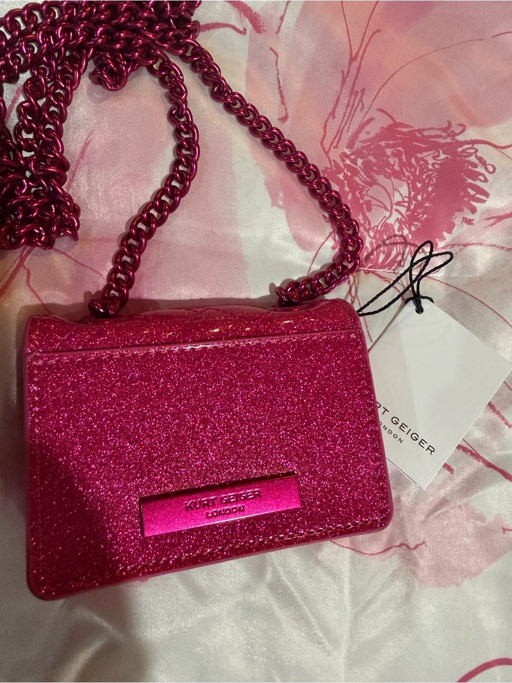 Kurt Geiger Hot Pink Glitter Mini Crossbody Bag - Picture 3 of 7
